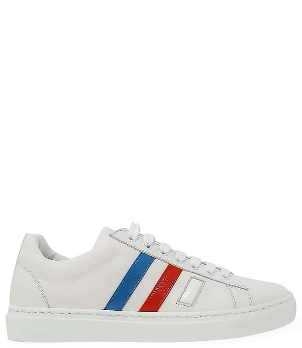 Women's white leather sneakers with blue and red 3-stripe side branding