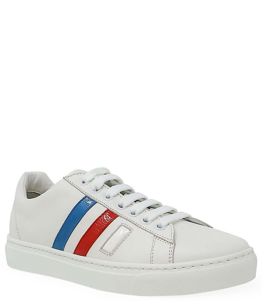 White leather men's sneaker with blue and red 3-stripe side, lace-up front