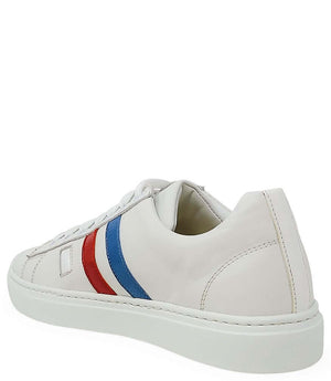 Women's white leather sneakers with blue/red 3-stripe detail and cushioned collar