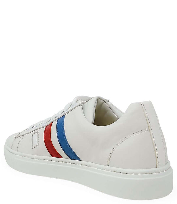 Women's white leather sneakers with blue/red 3-stripe detail and cushioned collar