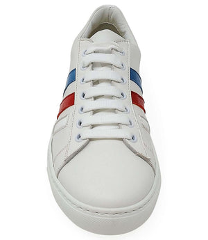 Women's white leather lace-up sneakers, blue/red 3-stripe on tongue and eyelets