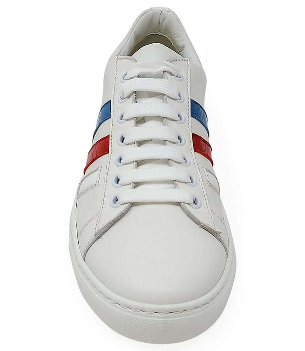 White leather men's sneaker front view, lace-up with blue and red 3-stripe panels