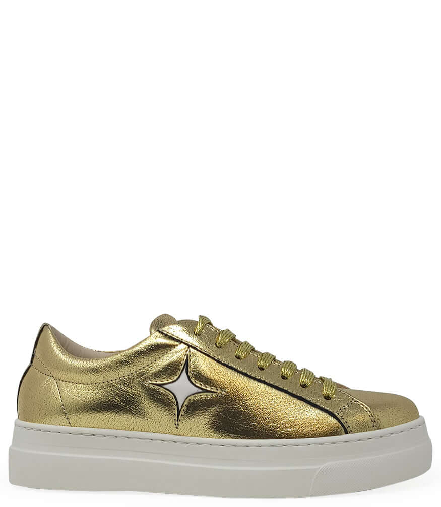 Gold metallic leather low-top sneaker with star logo and white platform sole