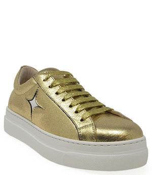 Gold metallic leather lace-up sneaker with side star emblem and white platform sole