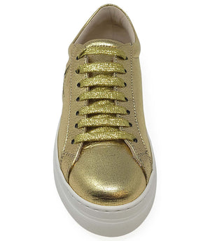 Gold metallic leather lace-up platform sneaker with white sole