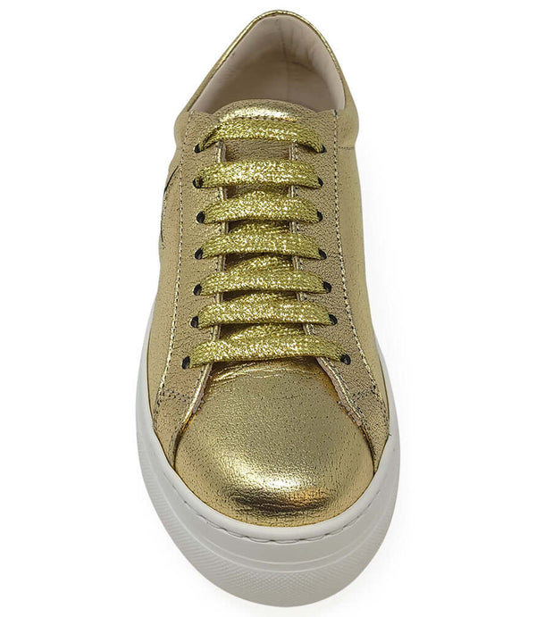 Gold metallic leather lace-up platform sneaker with white sole