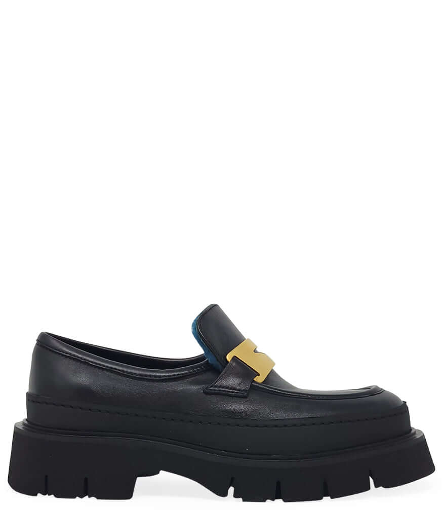 Black leather chunky loafer with shearling-lined collar and thick lug sole