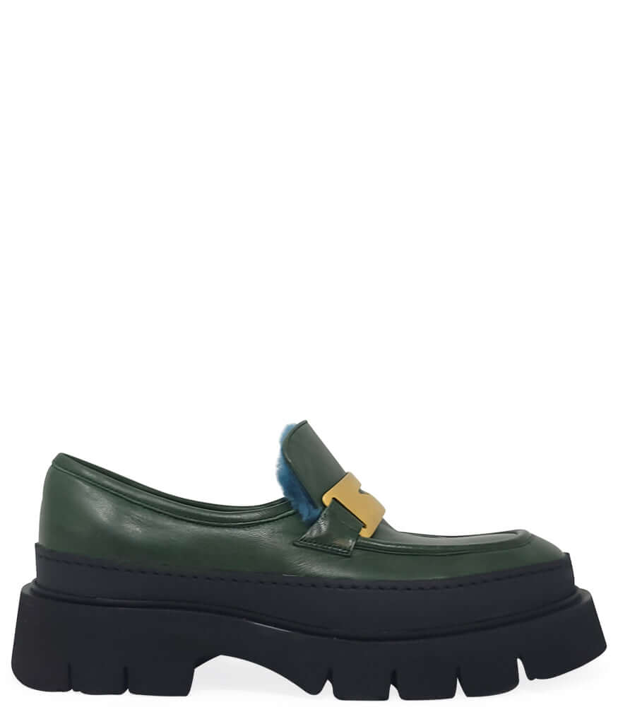 Green leather chunky loafer with gold buckle strap and cushioned sole