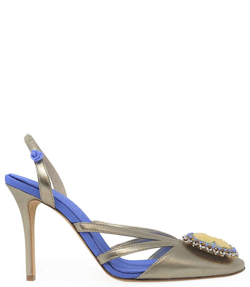 Blue and gold leather cameo slingback high-heel pump with front embellishment