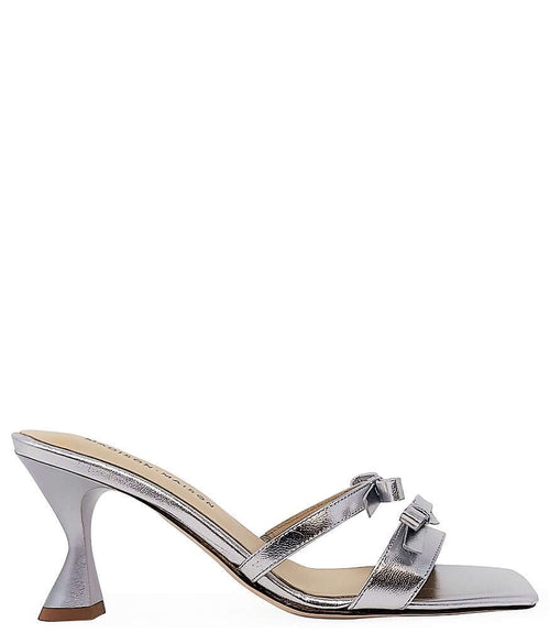 Silver strappy high-heel sandal with two buckle straps and pointed toe