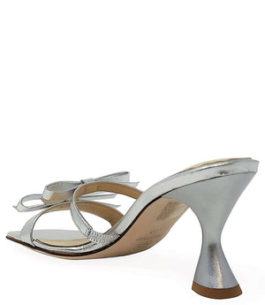Silver high-heel sandal with wide toe strap and ankle crossover strap