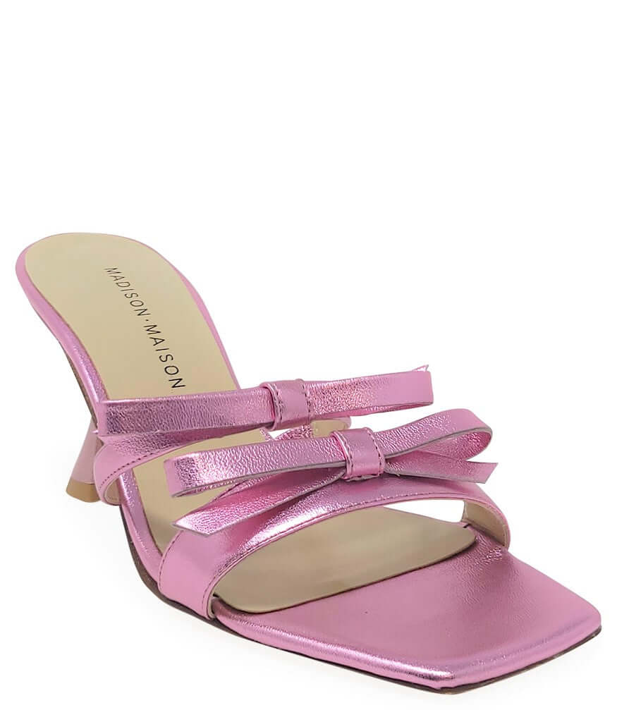 Pink high heel sandal with ankle strap and open toe, metallic finish