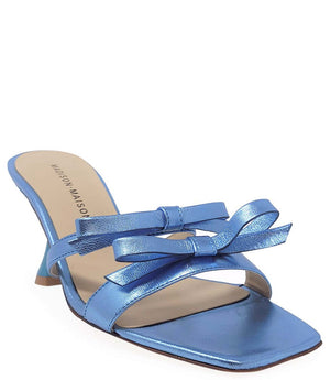 Blue high-heel sandal with layered ankle straps and open toe