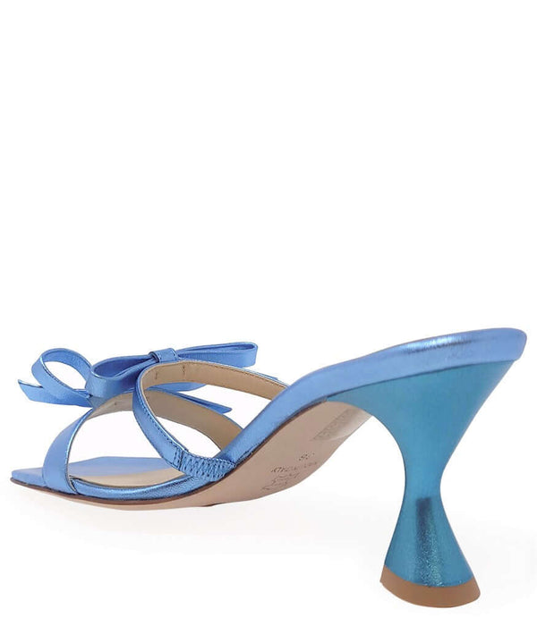 Blue high-heel slide sandal with double straps and tall tapered heel