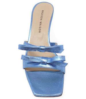 Blue heeled mule sandal with layered straps and open toe