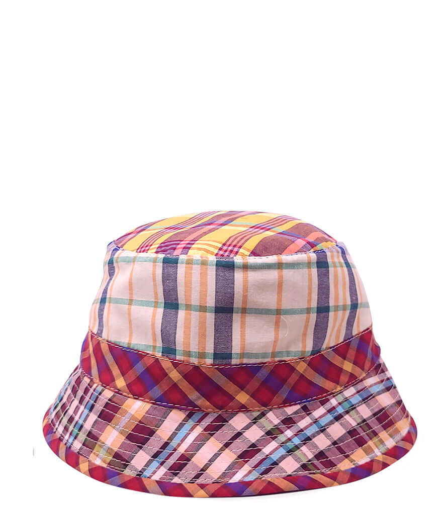 Multicolor plaid cotton hat with small brim and stitched top crown panel
