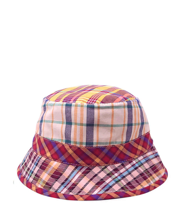 Multicolor plaid cotton hat with small brim and stitched top crown panel