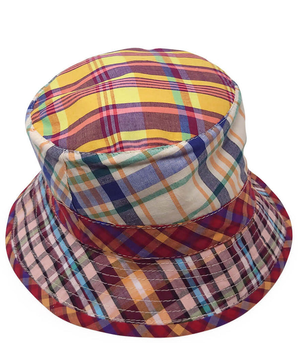 Multicolor plaid cotton bucket hat with small brim and padded crown panels