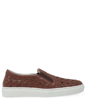 Tan woven leather slip-on sneaker with brown side strap and white rubber sole