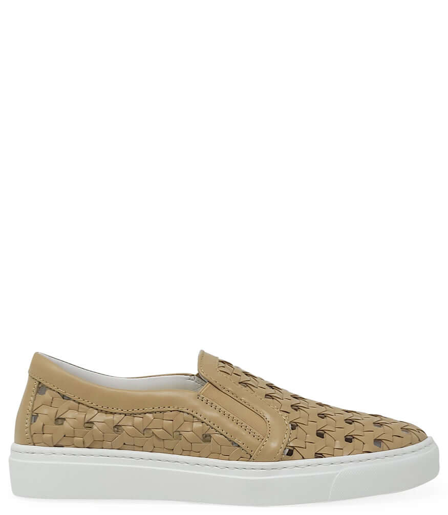 Beige woven leather lace-up sneaker with low-profile rubber sole