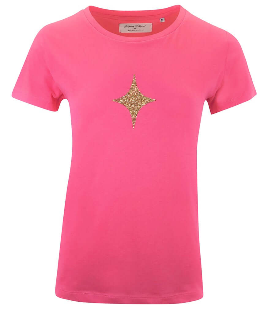 Fuchsia cotton crewneck T-shirt with gold star graphic on the front