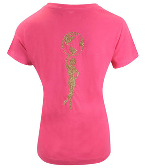 Fuchsia cotton T-shirt with gold glitter-style star lady graphic on back