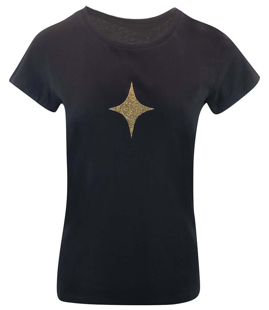 Black cotton T-shirt with small gold star graphic on front