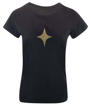 Black cotton T-shirt with small gold star graphic on front
