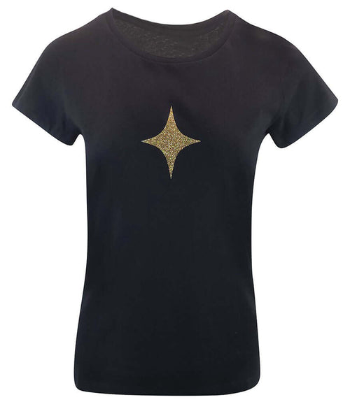 Black cotton T-shirt with small gold star graphic on front