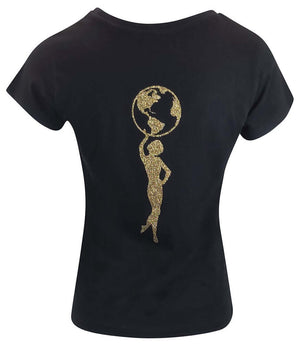 Black cotton T-shirt with gold globe and star lady graphic on front