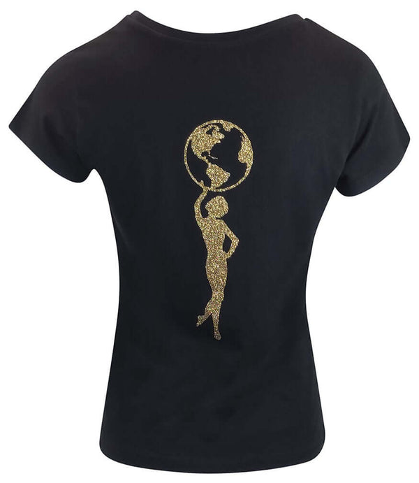 Black cotton T-shirt with gold globe and star lady graphic on front