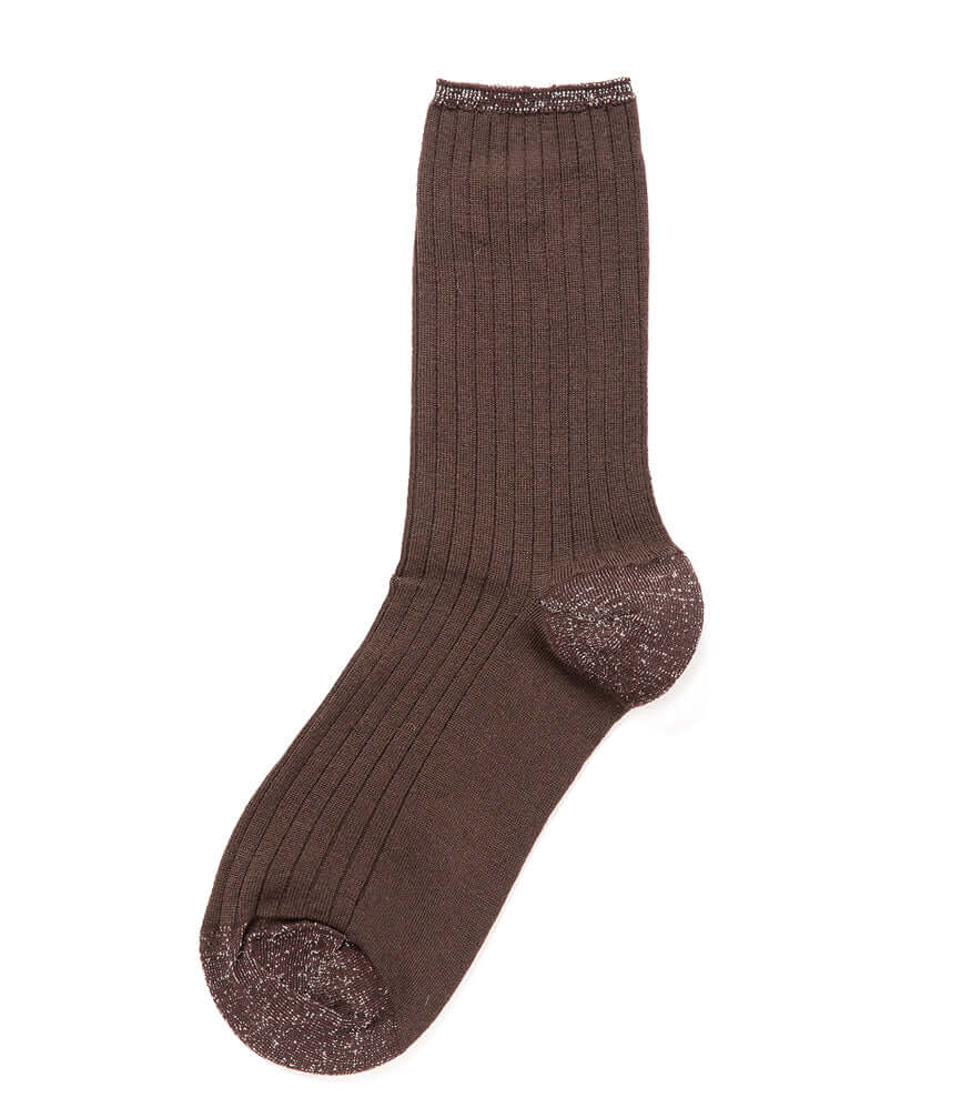 Alto Milano dark brown women's crew socks, ribbed knit with speckled toe and heel