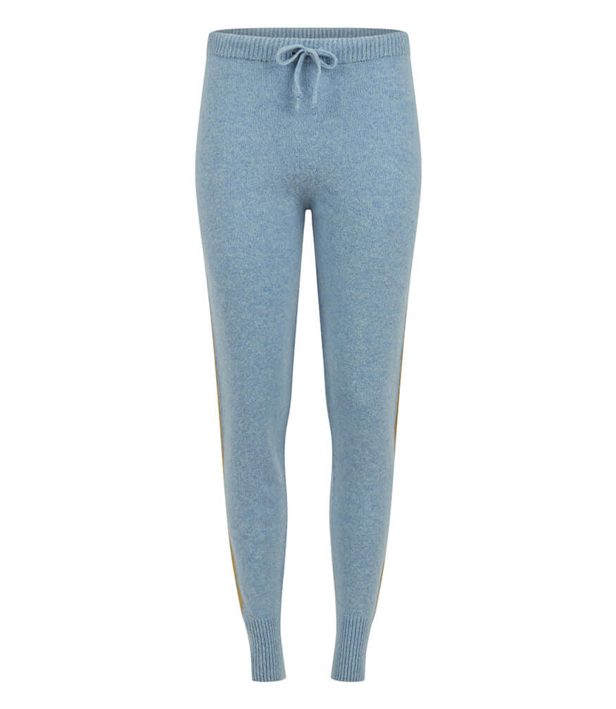 Sky blue cashmere sweat pants with drawstring waist and ribbed ankle cuffs