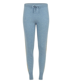 Sky blue cashmere sweat pants with drawstring waist and ribbed ankle cuffs