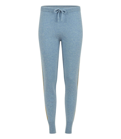 Sky blue cashmere sweat pants with drawstring waist and ribbed ankle cuffs