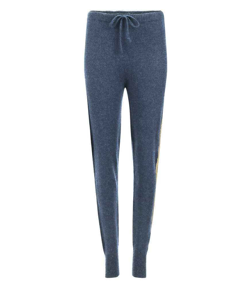 Blue heather sweat pants with drawstring waist and slim tapered legs