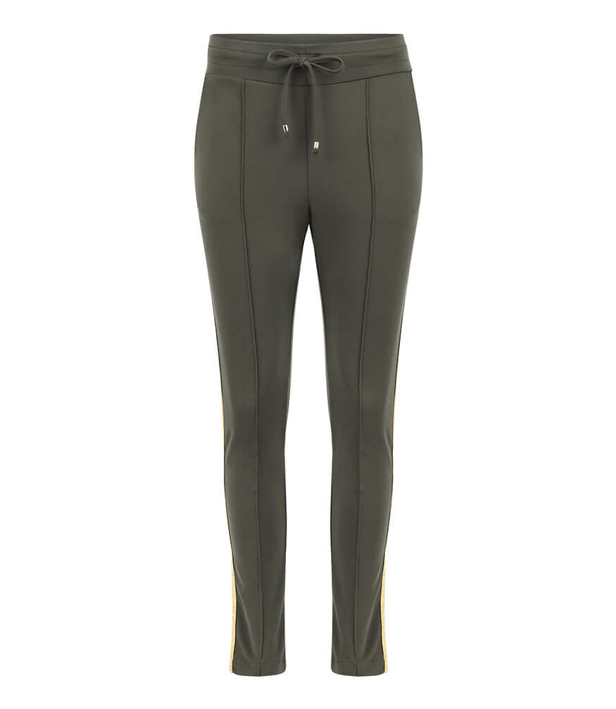 Army green sweatpants with drawstring waist and gold side stripe, tapered leg