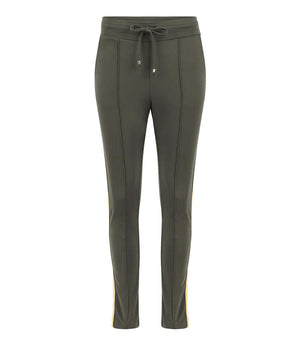 Army green sweatpants with drawstring waist and gold side stripe, tapered leg