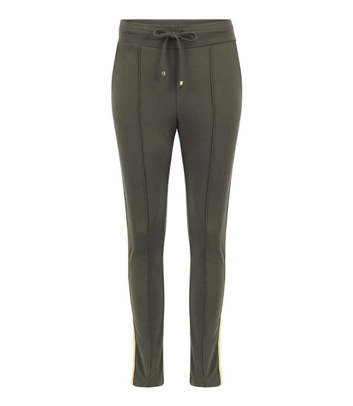 Army green sweatpants with drawstring waist and gold side stripe, tapered leg