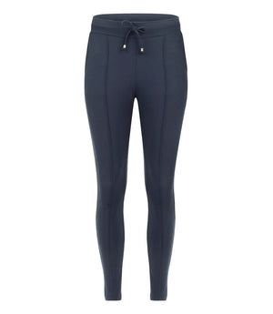 Navy sweatpants with elastic waist drawstring and gold accent tips