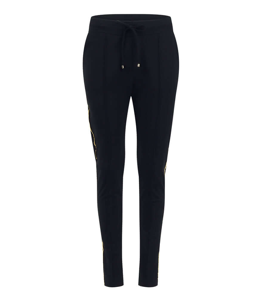 Black sweatpants with gold side stripe, tapered jogger fit