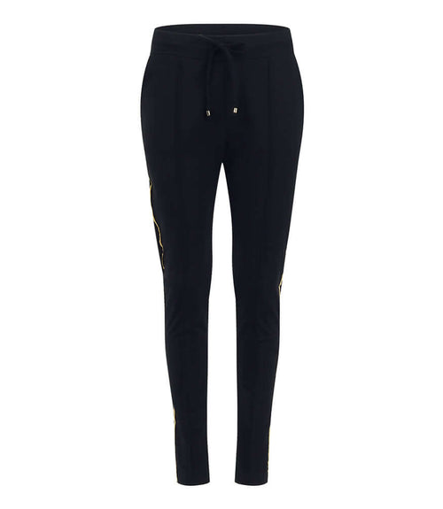Black sweatpants with gold side stripe, tapered jogger fit