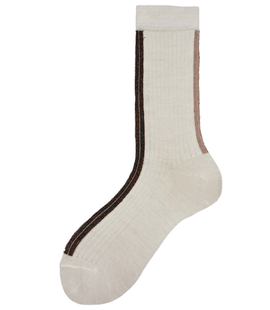 White short crew socks with dark brown contrast cuff and heel seam