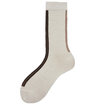 White short crew socks with dark brown contrast cuff and heel seam