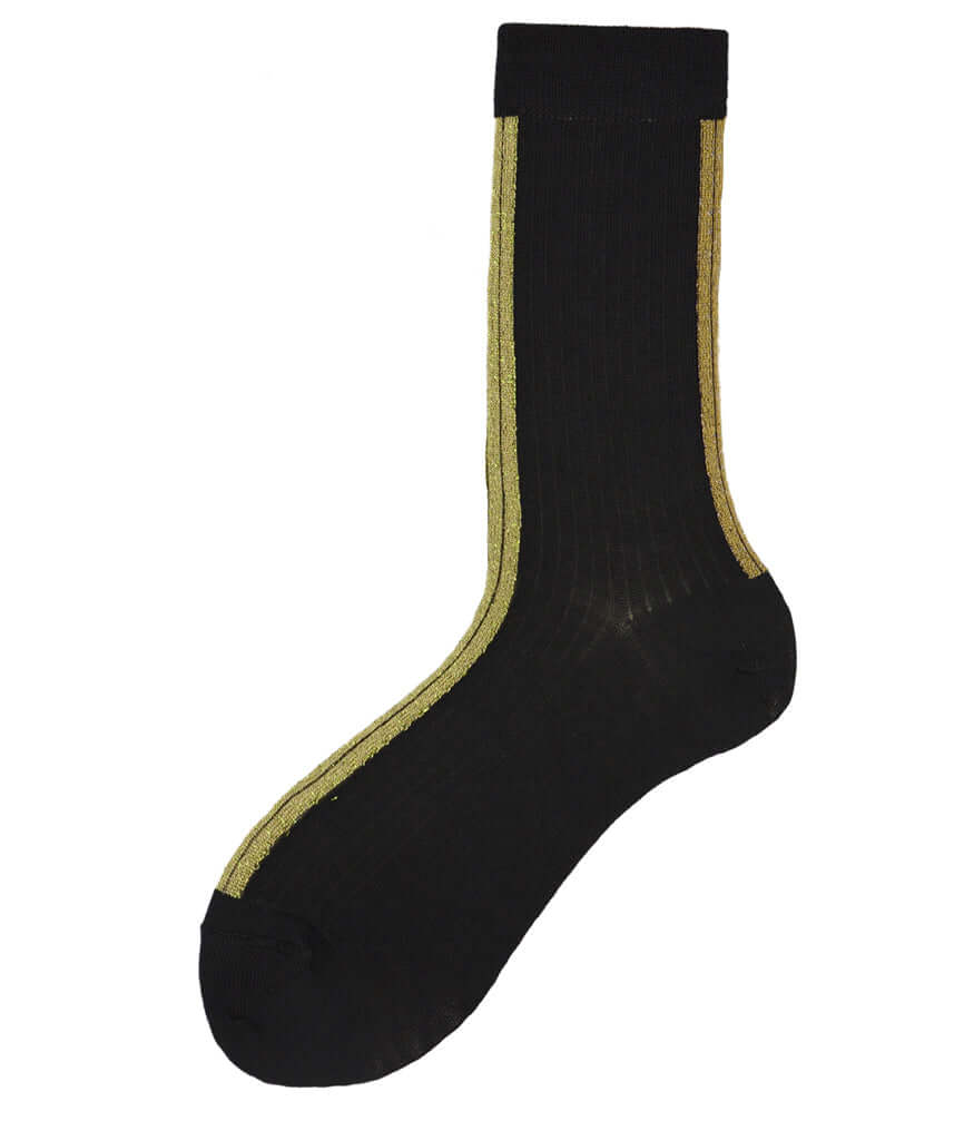 Black short crew socks with contrasting yellow trim and ribbed cuff
