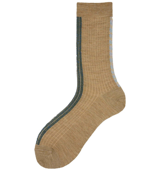 Short socks in beige with dark green-blue side stripe and ribbed cuff