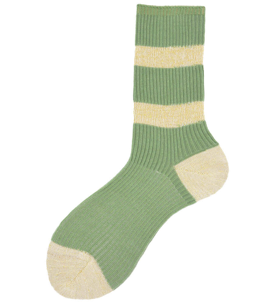 Green short socks with cream/yellow striped bands and ribbed knit texture