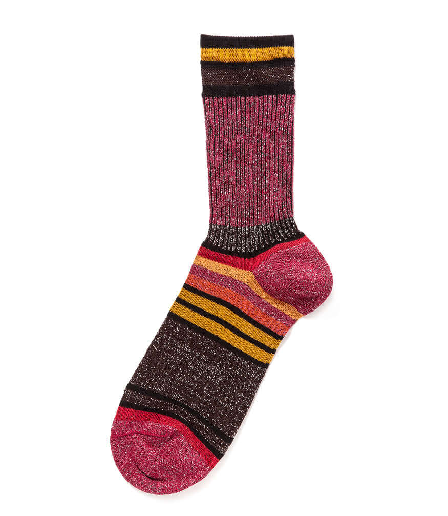Burgundy knit crew sock with black and yellow stripes and reinforced toe