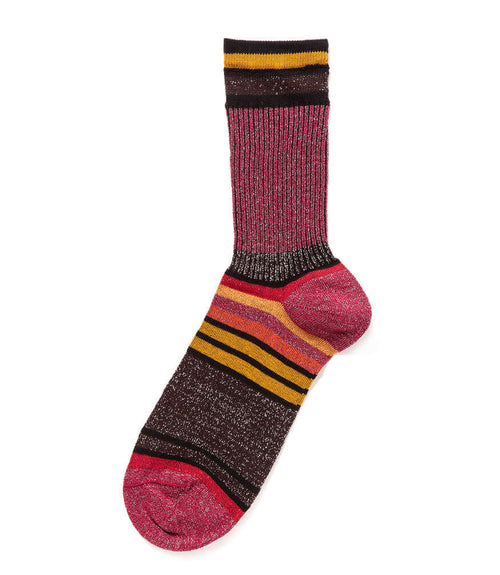 Burgundy knit crew sock with black and yellow stripes and reinforced toe