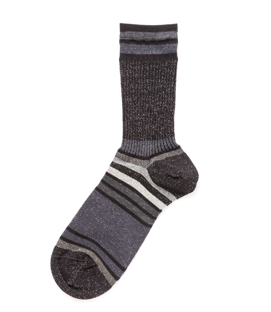 Short crew sock, dark knit with gray/black striped bands and cushioned sole